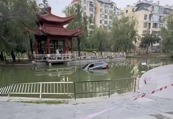六旬阿姨小区内驾车冲进水里！落水后自行脱困，有人被撞到